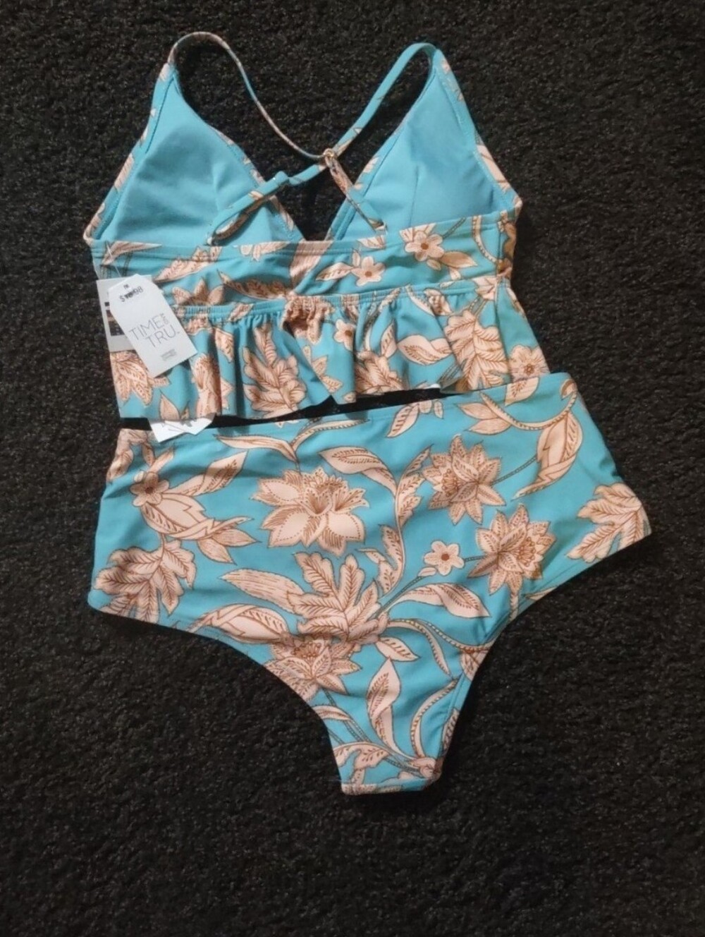 Time and Tru Aqua Floral High-Waist Two-Piece Swimsuit